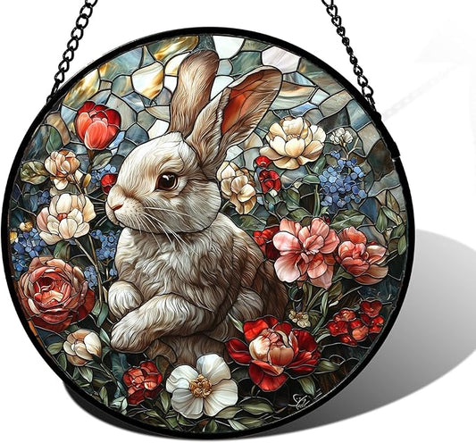 Stained Glass Window Hanging - Cute Rabbit Flowers Suncatcher Ready to Hang Window Doors Home Decoration, Christmas, Mother's Day Birthday Gifts for Women, Men, and Mom 6.3x6.3 in