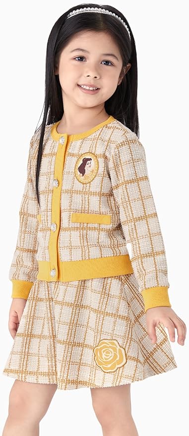 Disney Frozen Elsa Stitch Princess Moana Minnie Toddler Girl 2 Piece Outfit Kid Pearl Button Knit Top & Tweed Skirt Set 2-13Y