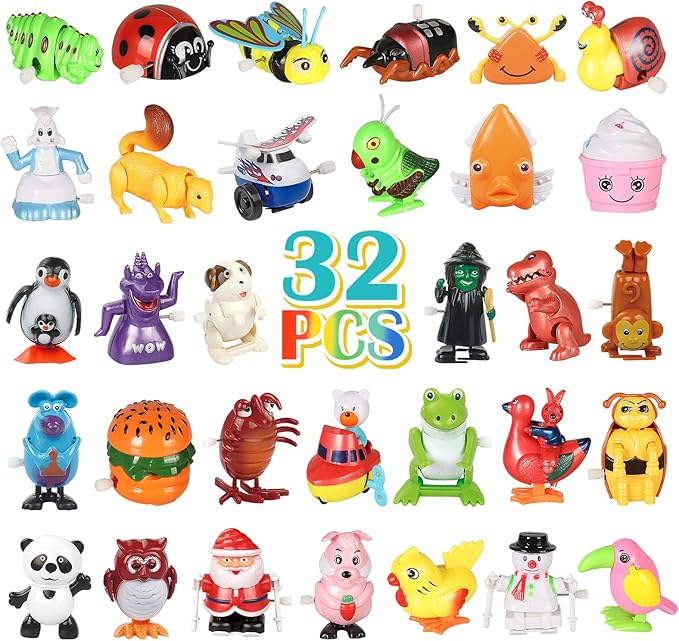 32 PCS Assorted Wind-up Toys for Kids, Bulk Windup Animals Walking Jumping Swimming Flipping Clockwork Toys for Kids Clossroom Party Favors, Birthday Gifts