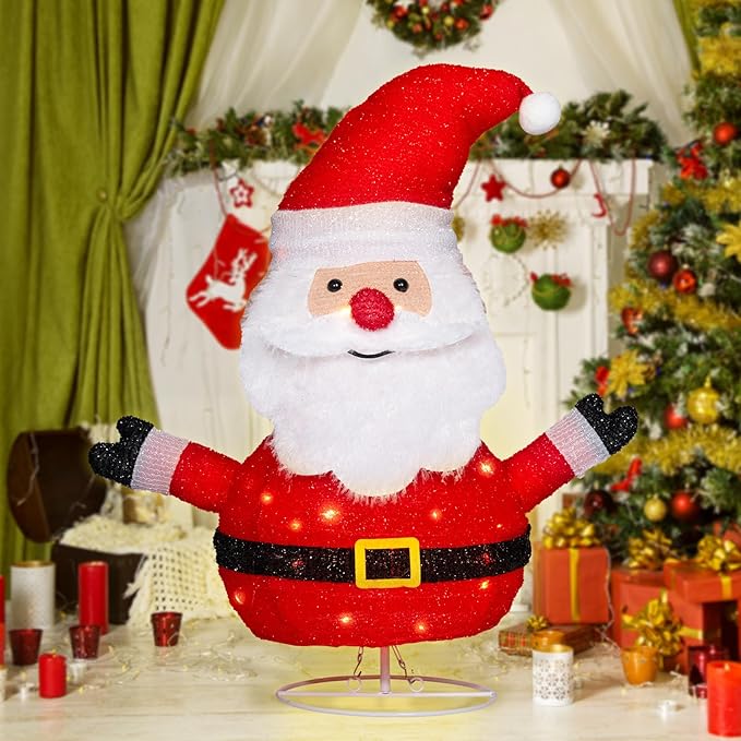 VCUTEKA Lighted Christmas Outdoor Decorations 2FT Santa Claus with LED Lights Pre Lit Pop up Collapsible Easily Metal Stand for Christmas Yard Garden Decorations, Event Decoration