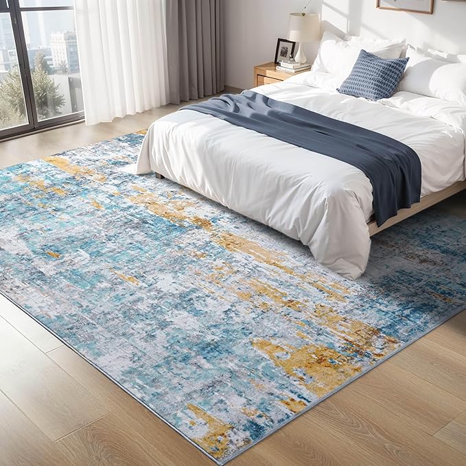 Ompaa Living Room Rug 6x9 Blue Area Rug Machine Washable Boho Rug Non Slip Abstract Vintage Indoor Large Rugs for Bedroom, Classroom, College Dorm, Farmhouse, Dining Room, Kids Playroom