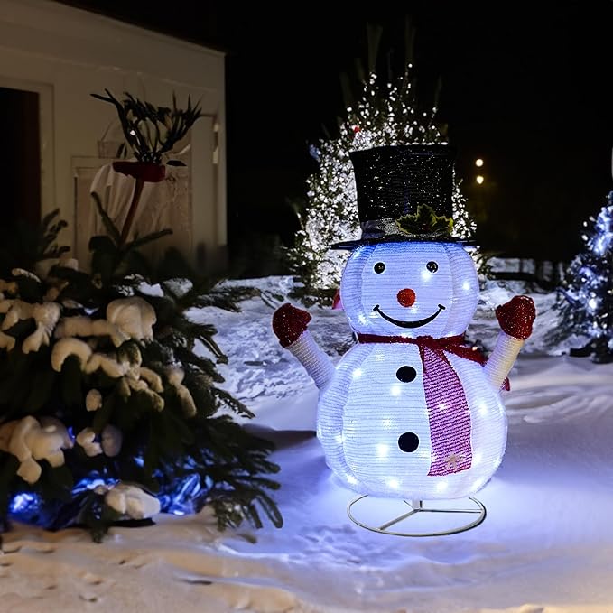 Dazzle Bright Christmas Snowman Decorations, 3FT Pre-Lit 48 LED Lighted Collapsible Snowman with Black Hat, Pop Up Snowman with Metal Stand for Indoor Outdoor Xmas Garden Yard Home Party Decor