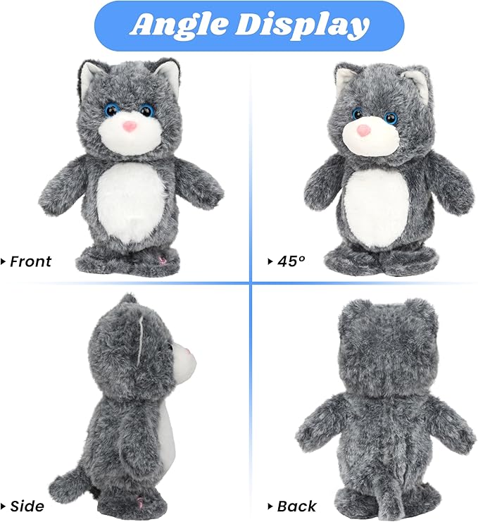 Hopearl Talking Singing Cat Repeats What You Say Kitty Walking Kitten Electric Interactive Animated Toy Speaking Plush Buddy Gifts for Toddlers, Gray, 9''