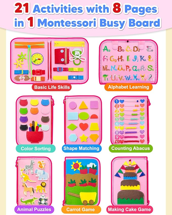 Exorany Busy Board Montessori Toys for Toddler Girl Birthday Gifts, Busy Book Sensory Learning Toys for Toddlers, Toddler Girl Airplane Car Travel Toy Educational Activities