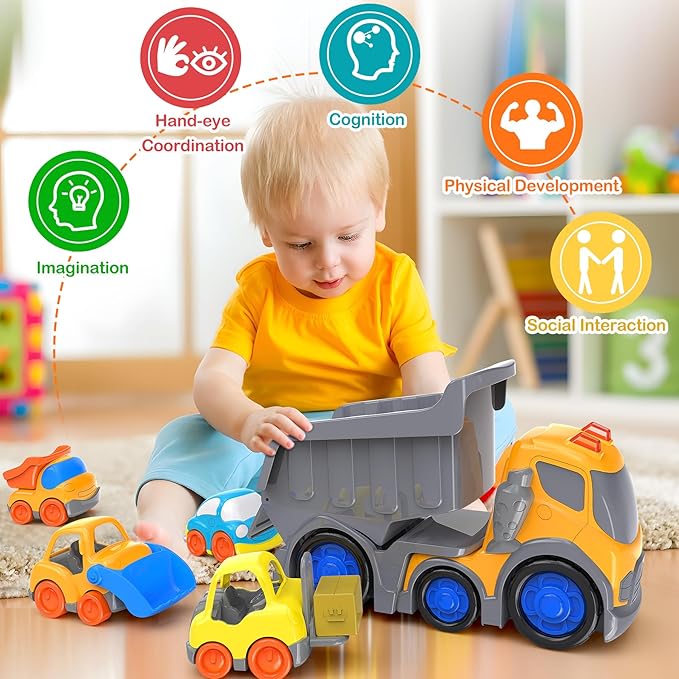 P&C 12.2" Toddler Construction Dump Truck Toys for Ages 2-4, Beach Sand Outdoor Toy Cars Dump Truck Set with Sounds and Lights for Kids 18M+, 2, 3, 4, 5, Ideal Birthday for Boys Girls