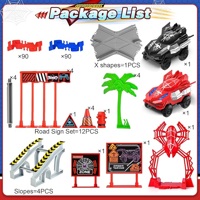 Spider Toys for Boys 4-6, with 2pcs Spider Cars and 1pcs Stand-Spider for Kids Toddler, 212 Pcs Race Track, 3 4 5 6 7 8 Year Old Boys Girls Birthday Party Favor Gift