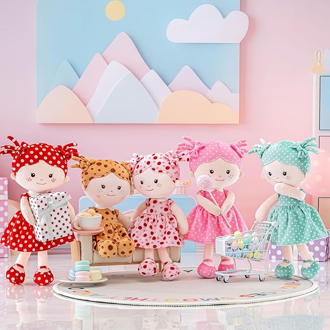 Onetoo Plush Rag Doll My First Baby Doll Soft Baby Doll for Girls Sleeping Cuddle Buddy Doll Wear Green Dress White Polka Dot 14"（Milly Series）