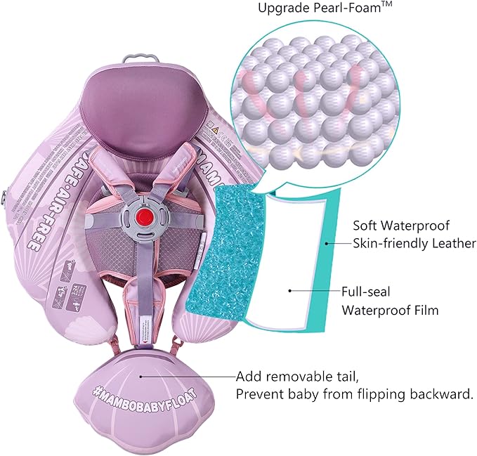 Mambobaby Float Add Tail Baby Swim Float with Canopy Solid Pool Infant Swim Trainer Swimming Training Lying Air Free Water Floats Non-Inflatable Waist Swim Ring for Toddlers (Shell - Purple)