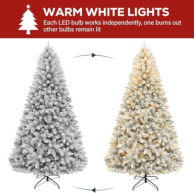Hykolity 7.5ft Prelit Artificial Holiday Snow-Flocked Christmas Tree, 450 Warm White Lights, 1446 PVC Branch Tips, Quick-Assembly Hinged Design for Decorating