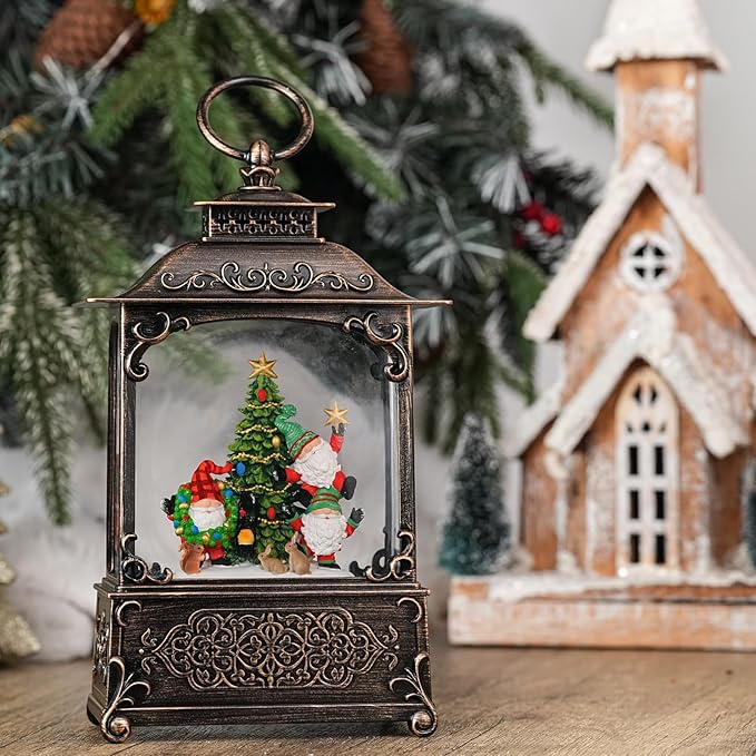 Christmas Snow Globes with Gnomes, Light Up Snow Globe with Music Timer - USB Plug or Battery Operated Glitter Globe Indoor Christmas Decorations