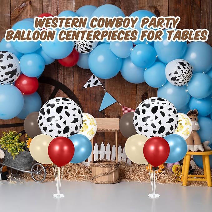 2 Sets Farm Animal Decorations Table Centerpiece Red Brown Blue Balloon Stand Kit with Large Cow Print Foil and Latex Balloon for Farmhouse Country Animal Baby Shower Birthday Supplies