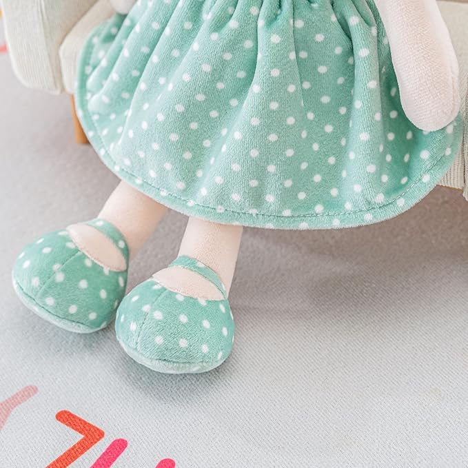Onetoo Plush Rag Doll My First Baby Doll Soft Baby Doll for Girls Sleeping Cuddle Buddy Doll Wear Green Dress White Polka Dot 14"（Milly Series）