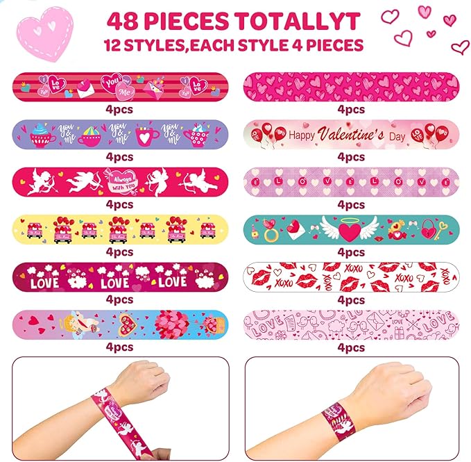 48PC Valentine's Slap Bracelets for Kids, Party Favors & Goodie Bag Fillers, Valentine’s Day Gifts for Students & Classrooms