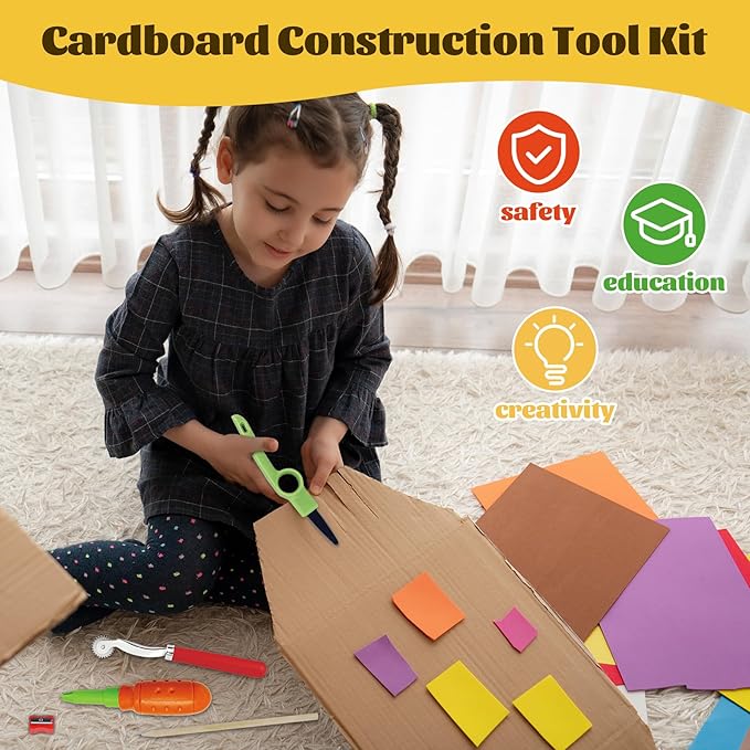 361 Piece Cardboard Construction Tools Kit for Kids: STEAM Building Toy Set with Cardboard Cutter Gloves Screws Nuts, Educational Craft Kit Gift for Boys Girls Age 5+, Great for Home Play + Classroom
