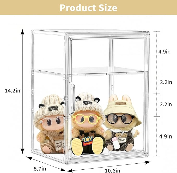 Acrylic Display Case for Collectibles, Clear Storage Bin with 3 Adjustable Layers and1 Removable Divider, Stackable Clear Storage Box with Magnetic Door for Figures, Home or Office,Large,3 Pack