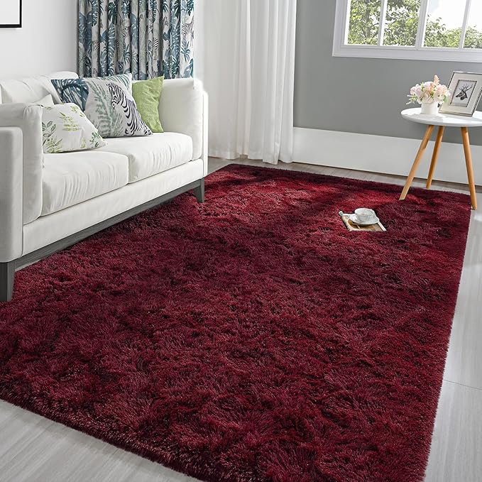 Pettop Fluffy Burgundy Rug for Bedroom Living Room, 8x10 Feet Super Soft Shaggy Plush Fuzzy Rugs for Girls Kids Boys, Non-Slip and Washable Rug for Nursery Classroom, Carpet for Rooms Decor