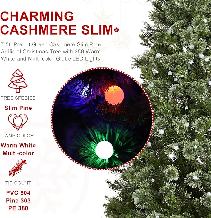 Glitzhome Prelit Christmas Tree, 7.5ft Artificial Green Christmas Tree Charming Cashmere Slim Pine with 350 Warm White and Multi-Color Globe LED Lights, 9 Function w/Foot Pedal and Remote Control