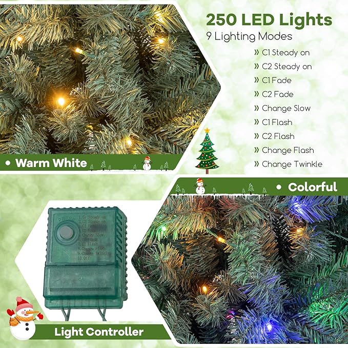 GOFLAME 7.5FT Pre-Lit Pencil Christmas Tree, Hinged Artificial Xmas Tree with 724 Branch Tips, 250 LED Lights, 9 Lighting Modes & Folding Metal Stand, Slim Holiday Decoration Tree for Home Party