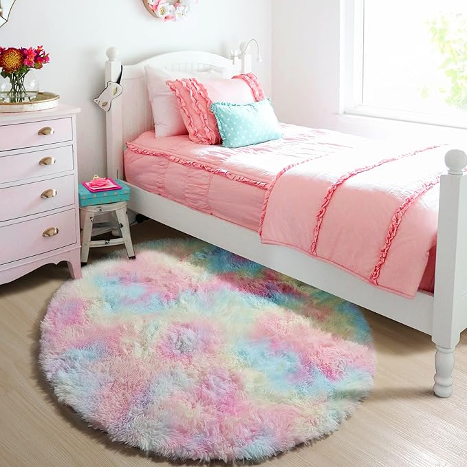 ONASAR Rainbow Round Area Rug 4ft, Soft Bedroom Circle Rugs Mats for Kids Girls Teen Room, Kawaii Fluffy Plush Shaggy Carpet for Baby Nursery Living Room Playroom Home Decor Princess Castle
