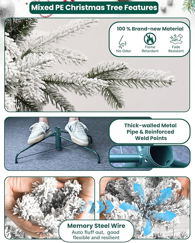 Prelit Christmas Tree 7ft, Artificial Flocked Christmas Tree with 400 Multicolor Lights, 2086 PE PVC Tips, LED Frosted Xmas Tree with Snow, 9 Color Modes, Hinges, Home Decor