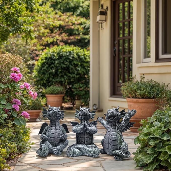 Cute Dragon Figurines Dinosaur Sculptures, Unique Resin Artwork for Office & Home Décor,Yoga Dragons Decorations for Garden & Yard,Outdoor Adorable Baby Dragon Statue Ornaments (Yoga C)
