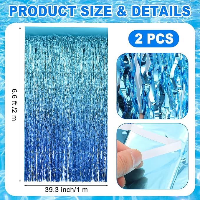 35 Pcs Sponge Party Decorations Include Blue Tinsel Foil Fringe Curtain Backdrop, 80 x 40 Inch Fish Net Decor, Flowers Bubble Wall Decals Photo Props for Pool Sea Birthday Party Supplies
