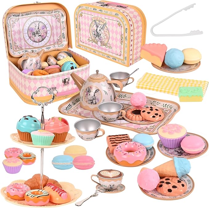 Tea Party Set for Girl, Tea Time Toys Including Tea Set Dessert Carrying Case, Kids Picnic Pretend Playset for Little Girls Birthday Toddler Kids Age 3-7