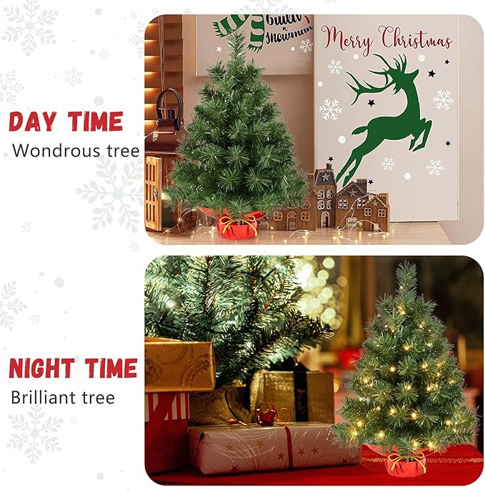 Pre-lit 2ft Small Christmas Tree, Leeheeyee Artificial mini Christmas Tree with 50 LED Lights, Battery Operated Tabletop Xmas Tree with Burlap Base for Table Desk Home Christmas Decor