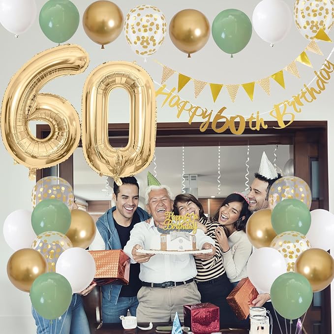 60th Birthday Decorations for Men Women, Sage Green White Gold Balloons With Happy 60th Banner, Cake Topper, Number 60 Foil Balloon for 60 Year Old Party Decoration