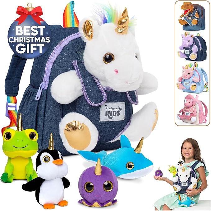 Naturally KIDS Toddler Unicorn Backpack w Plush Unicorn Toys, Gifts for 2-5 Year Old Girls, Toddler Backpack