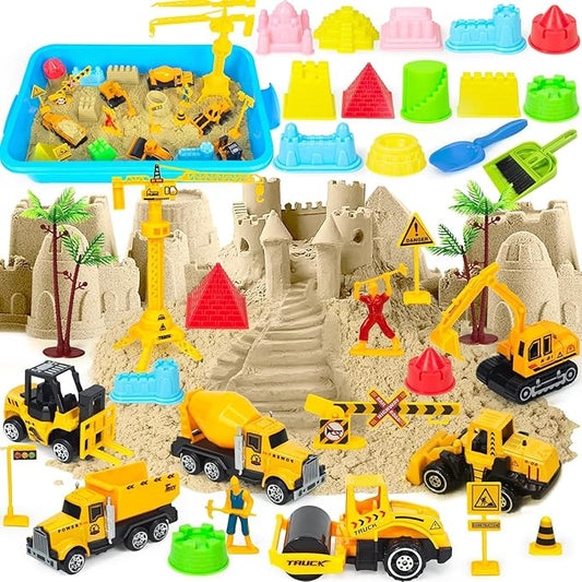 Sensory Bin, Diecast Construction Trucks Play Sand Art Kits with 2.2lbs Magic Sand, Molds, Shovel, 6Pcs Construction Vehicles, Crane- Great Sensory Sandbox Toys for Kids Toddlers Age 3-8