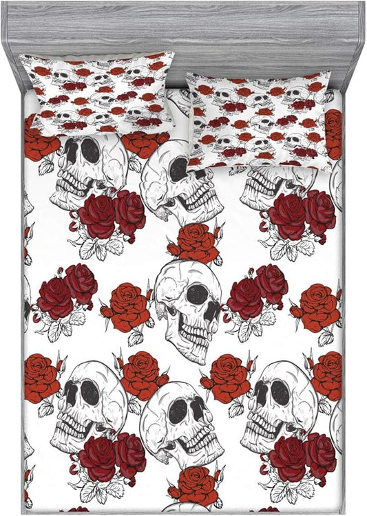 Ambesonne Skull Fitted Sheet & Pillow Sham Set, Retro Gothic Dead Head Skeleton with Roses Halloween Theme Spooky Trippy Romantic, Decorative Printed 3 Piece Bedding Decor Set, Full, Grey