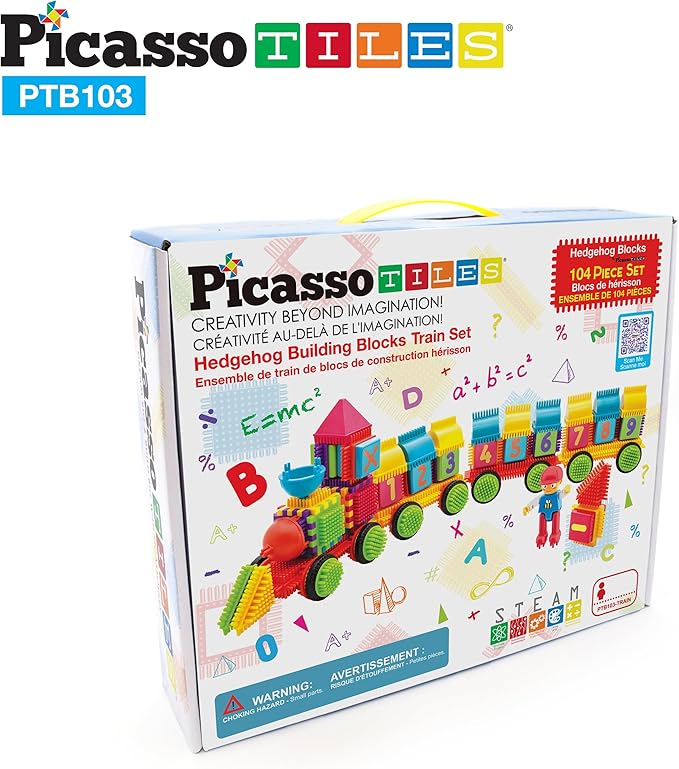 Picasso Toys PTB103 Alphabet & Numerical Train 103pc Hedgehog Block Shape Blocks Building Tiles Set Construction Learning Toy Stacking Educational Block, Creativity Beyond Imagination, Inspirationa