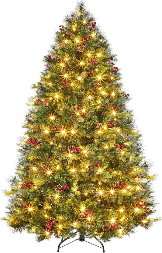 6FT Pre-lit Artificial Christmas Tree, Pre-Decorated Fluffy Fraser Fir with 350 Warm White Lights, 900 Hinged Branch Tips, Pine Cones & Berries, Includes Metal Stand for Holiday Decor