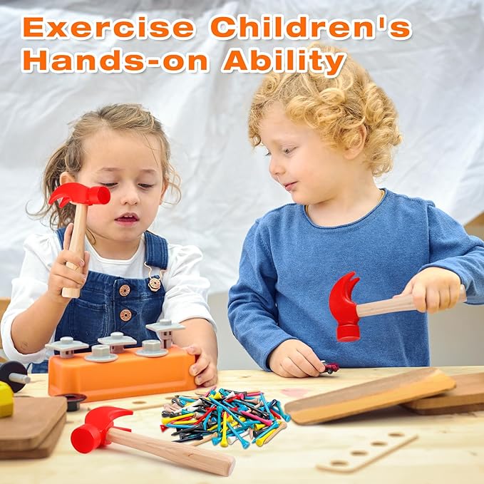 10 Pcs Wooden Hammer Toys,Kids Hammer Toys with 100 Pcs Colorful Wood Golf Tees,Small Plastic Hammer,Simulation Hammers Maintenance Tools Educational Toys for Play School Gift Party