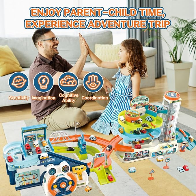 Fisca 2-in-1 Race Car Tracks PlaySet for Kids, Toy Car Ramp Track and Lifting Parking Lot, Dual Mode Toddler Car Track Toy Playset with 6 Cars, Automatic Rotary Elevator, Steering Wheel Music Driving