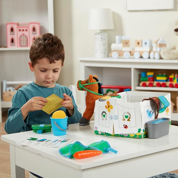 Melissa & Doug Feed & Groom Horse Care Play Set With Plush Stuffed Animal (23 pcs) - Pretend Play Horse Plush Toys For Girls And Boys Toddlers Ages 1+, Multi-colored