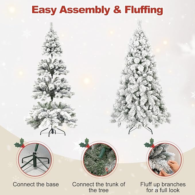 9 Ft Unlit Snow Flocked Christmas Tree, Artificial Xmas Tree with 1964 PVC/PE Realistic Branch Tips, Metal Stand Decor for Holiday, Party, Home Easy to Assemble