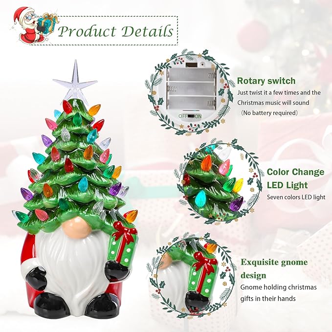 Small Ceramic Christmas Tree Hand-Painted Vintage Tabletop Christmas Tree Holiday Decoration with Multi-Color Lights Green Gnome 11 inch