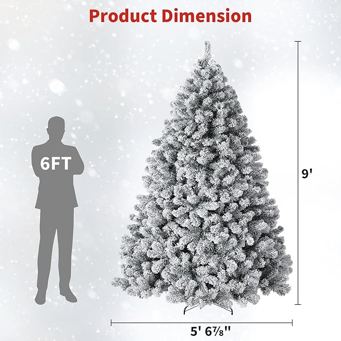 9FT Prelit Fluffy Snow Flocked Fraser Fir Artificial Christmas Tree with Warm White Lights, Hinged Branches, 2000 Tips, Artificial Christmas Tree Include Metal Stand for Holiday Home Decor