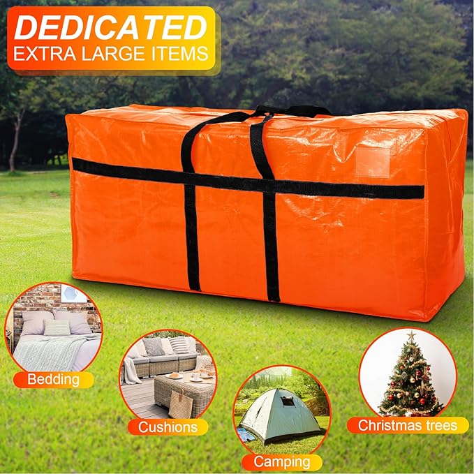 Windyun 4 Pack 69 Gallon Extra Large Storage Bags XXL Moving Bags with Zipper Handles Heavy Duty Jumbo Big Totes Box for Halloween Skeleton 4-12 Feet Christmas Tree Storage College Dorm Cloth (Orange)