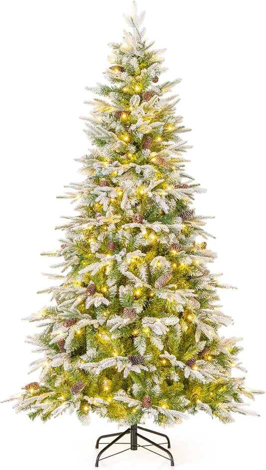 Goplus 6 FT Pre-Lit Artificial Christmas Tree, Snow Flocked Hinged Xmas Tree with 280 Warm-White LED Lights, 765 Tips, 62 Pine Cones, Lighted Xmas Tree for Office Home Decoration