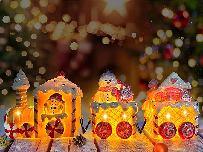 Christmas Table Decorations Indoor Train, Candy Cane Christmas Decorations for Tabletop, Xmas Pink Lighted Centerpieces Table Decorations for Home Outdoor, Xmas Train Decor Figurines