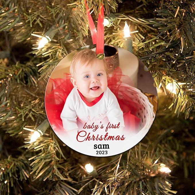 Personalized Baby's First Christmas Ornament 2025, Custom Baby 1st Photo Picture & Name Ornaments Gifts for New Mom Dad, Newborn Babies Girls Boys Personalized Family Christmas Tree Decoration Gifts