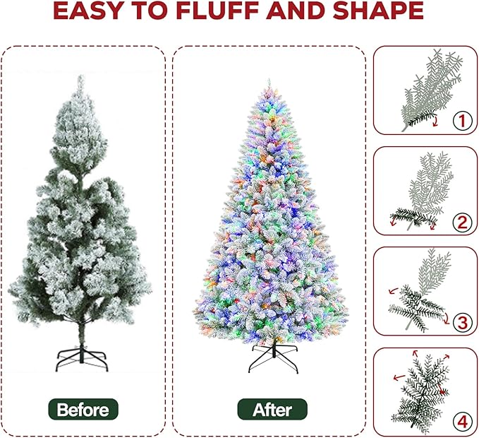 Hykolity 6ft Prelit Artificial Christmas Tree, 10 Light-Mode Snow Flocked Christmas Tree with 250 Multicolor LED Lights, 1032 PVC Tips, Easy Setup Xmas Trees with Sturdy Metal Stand
