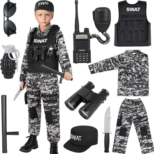 Luucio SWAT Police Officer Costume for Kids, Police Costume for Kids with SWAT Costume, SWAT Vest, Halloween Costume for Boys, Role Play Kit for Boys Girls