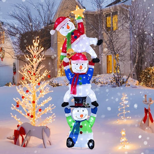 Tangkula 6 FT Lighted Christmas Stacked Snowman Set, Light-up Christmas Decoration with 155 LED Lights, Ground Stakes & Zip Ties, Pre-Lit Snowman Ornament for Indoor and Outdoor Yard, Garden & Lawn