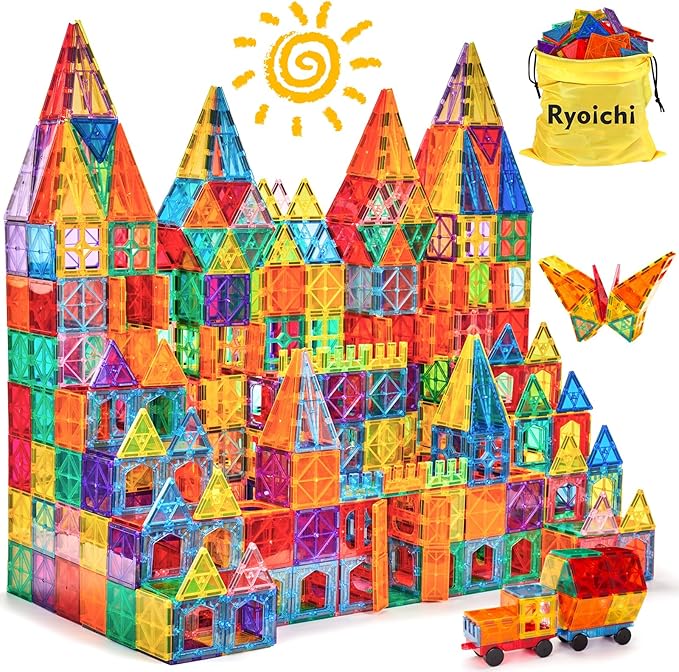 Ryoichi 138PCS Magnetic Building Tiles Set with 2 Cars, STEM Educational Construction Blocks & Montessori Learning Toys for Kids Ages 3-9+ Years