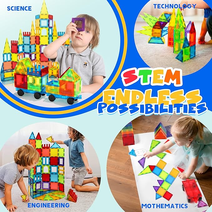 Magnetic Tiles, 131PCS Magnetic Blocks with 2 Cars, Learning Magnetic Building Blocks Sets, Educational Magnets Tiles Toys for Boys Girls Kids Ages 3 4 5 6 7 8 9+ Year Old