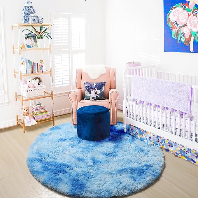 ONASAR Tie-Dye Blue Round Area Rug 4x4, Soft Bedroom Circle Rugs Floor Mats for Kids Girls Teen Room, Kawaii Fluffy Plush Shaggy Carpet for Baby Nursery Living Room Playroom Home Decor